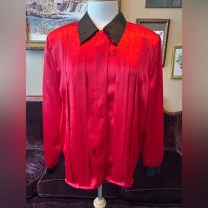 Stunning Vintage 1990’s Red Satin with Black Collar Blouse - Large